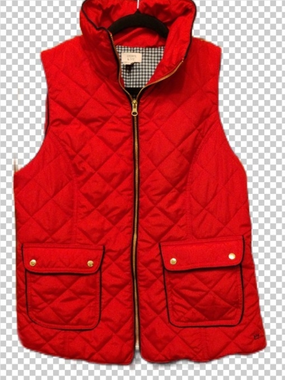 crown & ivy Red Quilted Vest with Navy Gingham Lining
